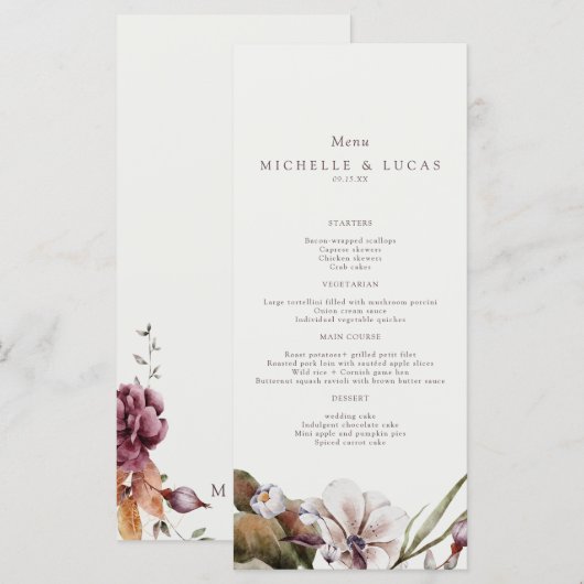 Elegante herfst bloemige bruiloft menu (Voorkant / Achterkant)