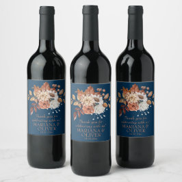 Elegante herfst bloemige navy blauwe huwelijksguns wijn etiket
