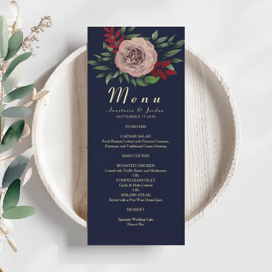 Elegante herfst bloemige navy burgundy bruiloft menu