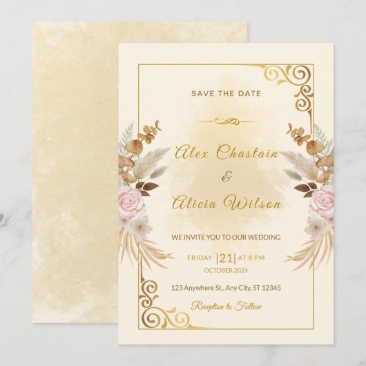 Elegante herfst Blush bloemengoud Lijst bruiloft Kaart (Voorkant / Achterkant)