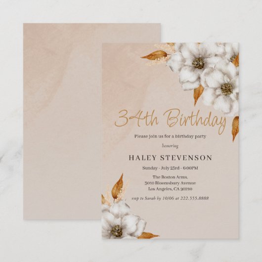 Elegante Herfst Boho Chic Floral 34e verjaardagsfe Kaart (Voorkant / Achterkant)