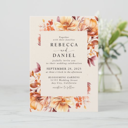 Elegante Herfst Boho Waterverf Bloemenbruiloft Kaart (Staand voorkant)