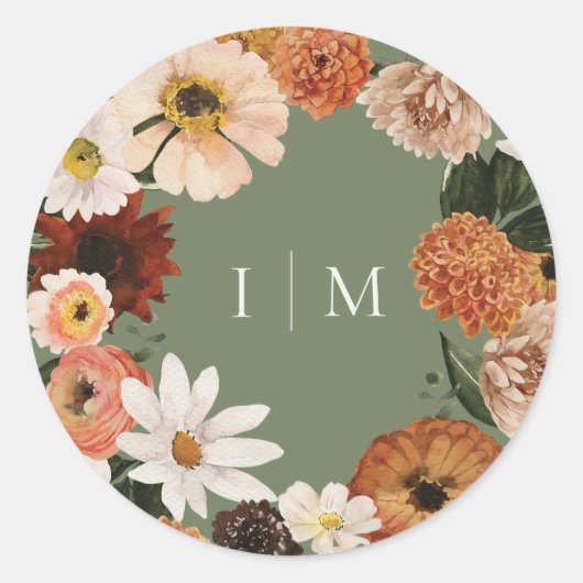 Elegante Herfst Boho Wilde Bloem Bruilofts Monogra Ronde Sticker (Voorkant)