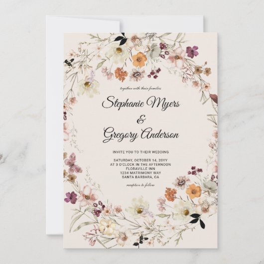 Elegante Herfst Boho Wildflowers Bruiloft Kaart (Voorkant)