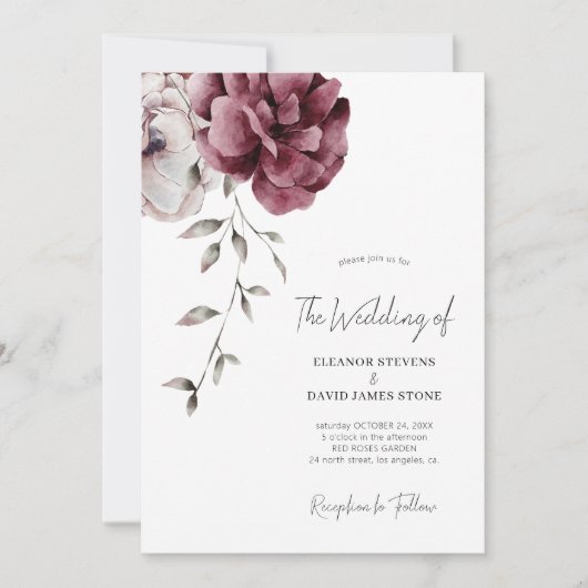 Elegante herfst bordeaux bloemenbruiloft kaart (Voorkant)