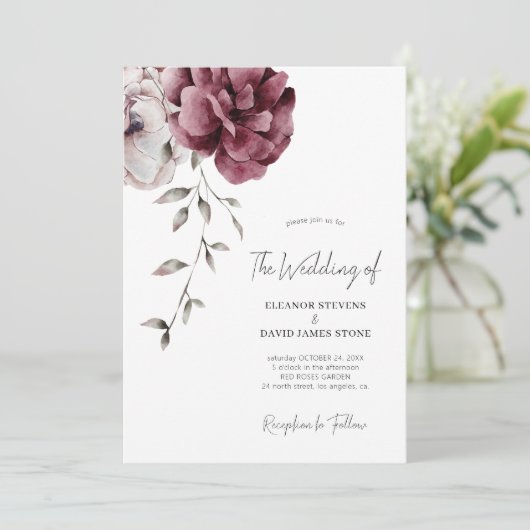 Elegante herfst bordeaux bloemenbruiloft kaart (Staand voorkant)