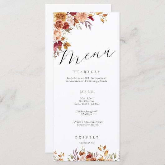 Elegante herfst botanicals bloemenbruiloft menu (Voorkant / Achterkant)