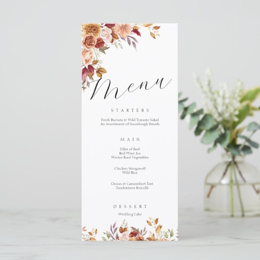Elegante herfst botanicals bloemenbruiloft menu (Staand voorkant)