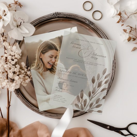 Elegante Herfst Botanische Ash Overlay Wedding Vellum Uitnodigingen