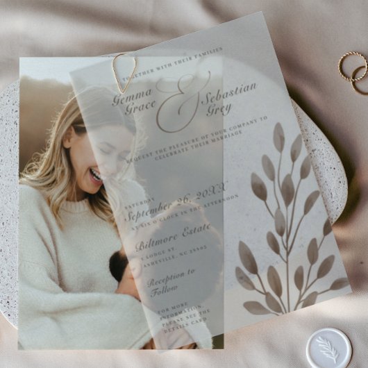 Elegante Herfst Botanische Ash Overlay Wedding Vellum Uitnodigingen