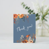 Elegante herfst botanische foto bruiloft blauw bedankkaart (Staand voorkant)