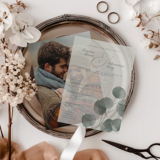 Elegante Herfst botanische salie overlay bruiloft Vellum Uitnodigingen