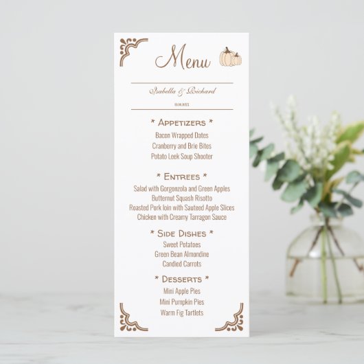 Elegante herfst bruiloft menu Kaart (Staand voorkant)