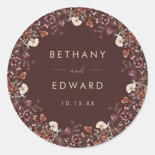 Elegante Herfst Bruine Bloemen bruiloft Ronde Sticker (Voorkant)