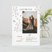 Elegante herfst donkergouden vlinder foto save the date (Staand voorkant)