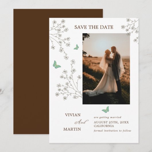 Elegante herfst donkergouden vlinder foto save the date (Voorkant / Achterkant)