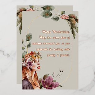 Elegante Herfst Elf Florale Roze Gouden Script Folie Feestdagenkaart
