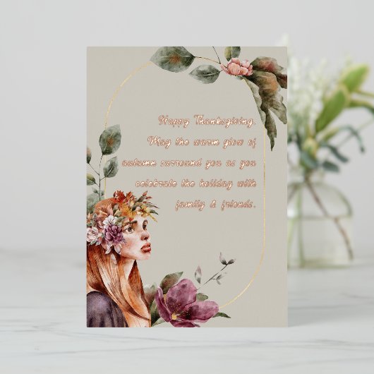 Elegante Herfst Elf Florale Roze Gouden Script Folie Feestdagenkaart (Staand Voorkant)