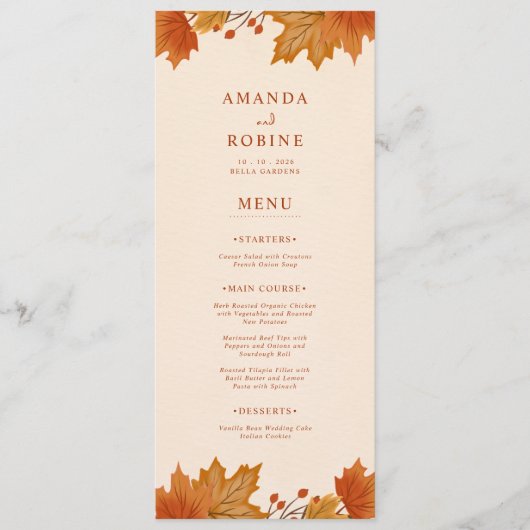 Elegante Herfst Esdblad Bruiloft Menu (Voorkant)