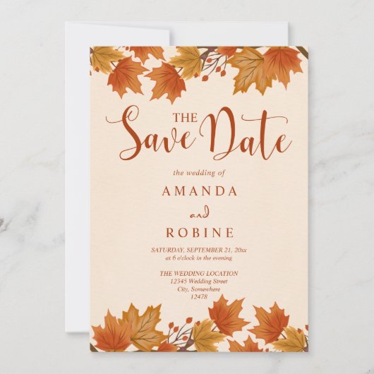 Elegante Herfst Esdoornbladeren Bruiloft Save The Date (Voorkant)
