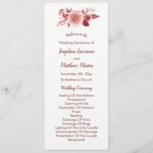 Elegante Herfst Floral Bourgondië bruiloft program Programmakaart (Voorkant)