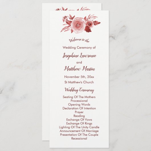 Elegante Herfst Floral Bourgondië bruiloft program Programmakaart (Voorkant / Achterkant)