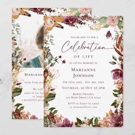 Elegante Herfst Floral Memorial Viering van het le Kaart (Voorkant / Achterkant)