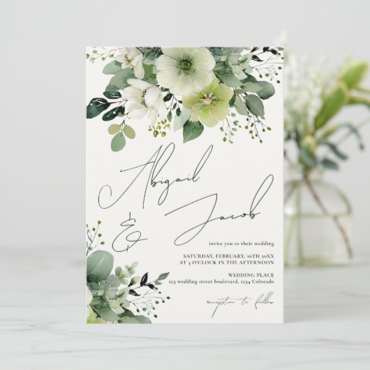 Elegante Herfst groen Bloemen Alles in één bruilof Kaart (Staand voorkant)