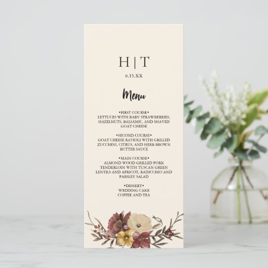Elegante herfst Herfst bloemenbruiloft Menu Kaart (Staand voorkant)