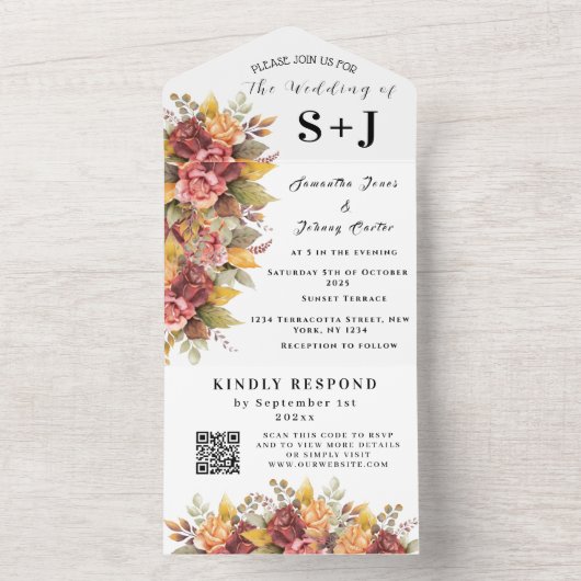 Elegante herfst Herfst bloemenbruiloft RSVP All In One Uitnodiging (Binnen)