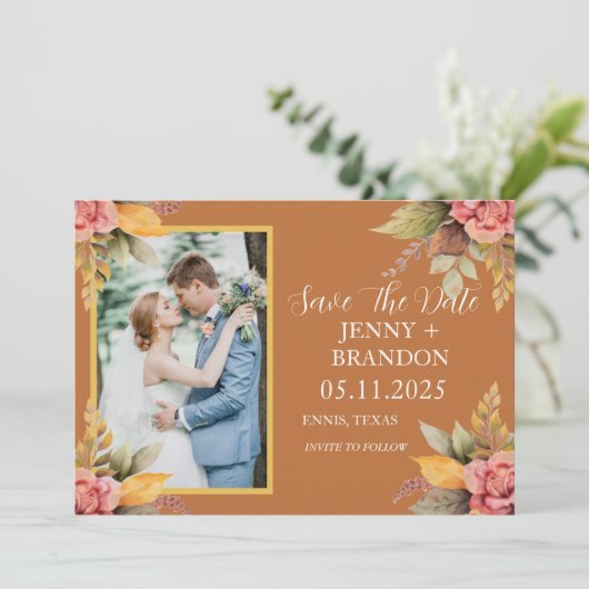 Elegante Herfst herfst bloementerracotta foto Save The Date (Staand voorkant)