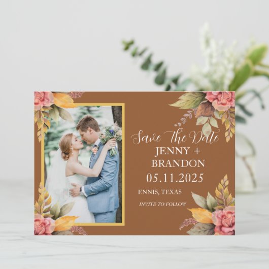 Elegante Herfst herfst bloementerracotta foto Save The Date (Staand voorkant)