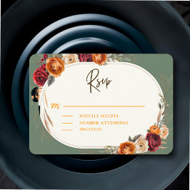 Elegante herfst herfst oranje salie bloemenbruilof RSVP kaartje