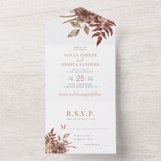 Elegante herfst herfst waterverf bloemenbruiloft all in one uitnodiging (Binnen)