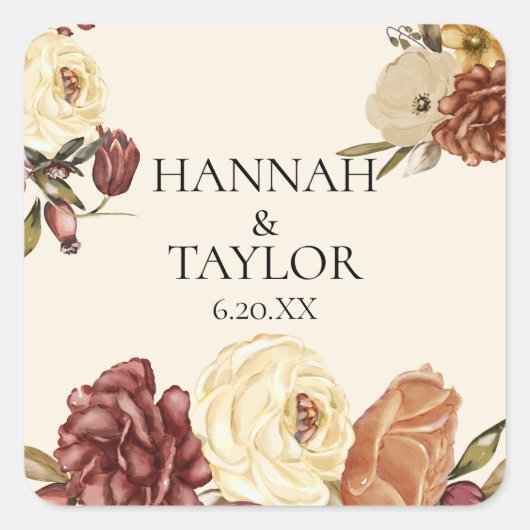 Elegante herfst Herfst Waterverf bloemenbruiloft Vierkante Sticker (Voorkant)