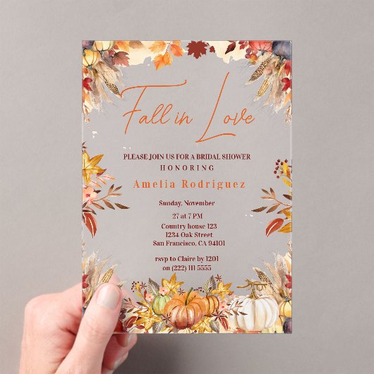 Elegante Herfst in Liefde Vrijgezellenfeest Pompoe Acryl Uitnodigingen (Insitu (Draagbaar))