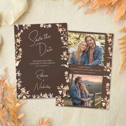 Elegante Herfst Koper Wilde Bloemen Script 2 Foto Save The Date
