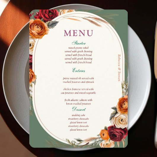 Elegante herfst oranje salie bloemige bruiloft menu