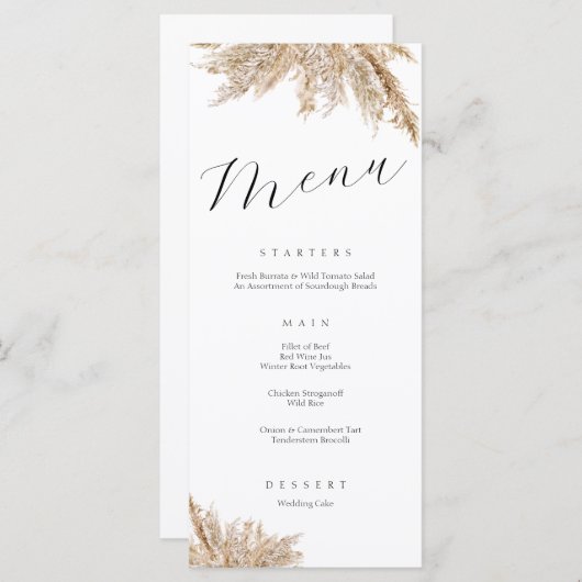 Elegante herfst pampas gras bloemenbruiloft menu (Voorkant / Achterkant)