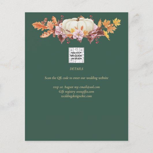 Elegante Herfst Pompoen Groen Goud Trouwdatum Bewa Flyer (Achterkant)