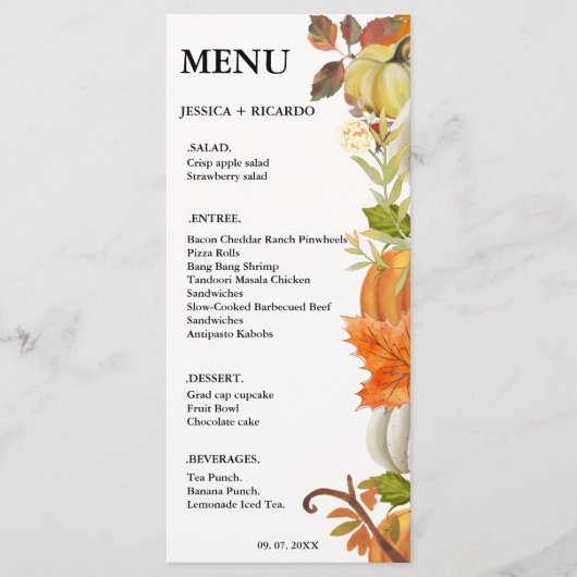 Elegante Herfst Pompoen herfst Bladeren Bruiloft Menu (Voorkant)
