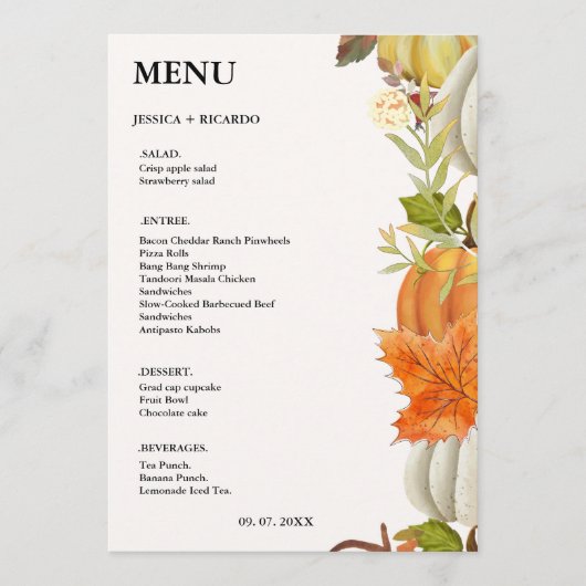 Elegante Herfst Pompoen herfst Bladeren Bruiloft Menu (Voorkant)