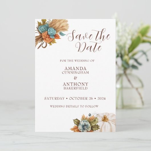 Elegante herfst pompoen herfst bruiloft uitnodigin save the date (Staand voorkant)