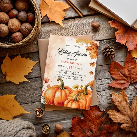 Elegante Herfst Pompoen Waterverf Gold Bladeren Ba Kaart