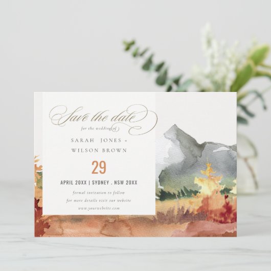 Elegante Herfst Roest Sinaasappel Bergbomen Bruilo Save The Date (Staand voorkant)