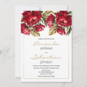 Elegante herfst rood goud pioenen bloemenbruiloft kaart (Voorkant)