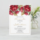 Elegante herfst rood goud pioenen bloemenbruiloft kaart (Staand voorkant)