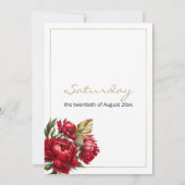 Elegante herfst rood goud pioenen bloemenbruiloft kaart (Achterkant)