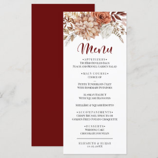 Elegante herfst roodbloemige platte bruiloftsmenu menu