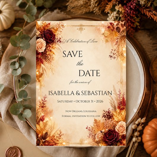 Elegante herfst| Rustige Boho-herfsttrouw Save The Date